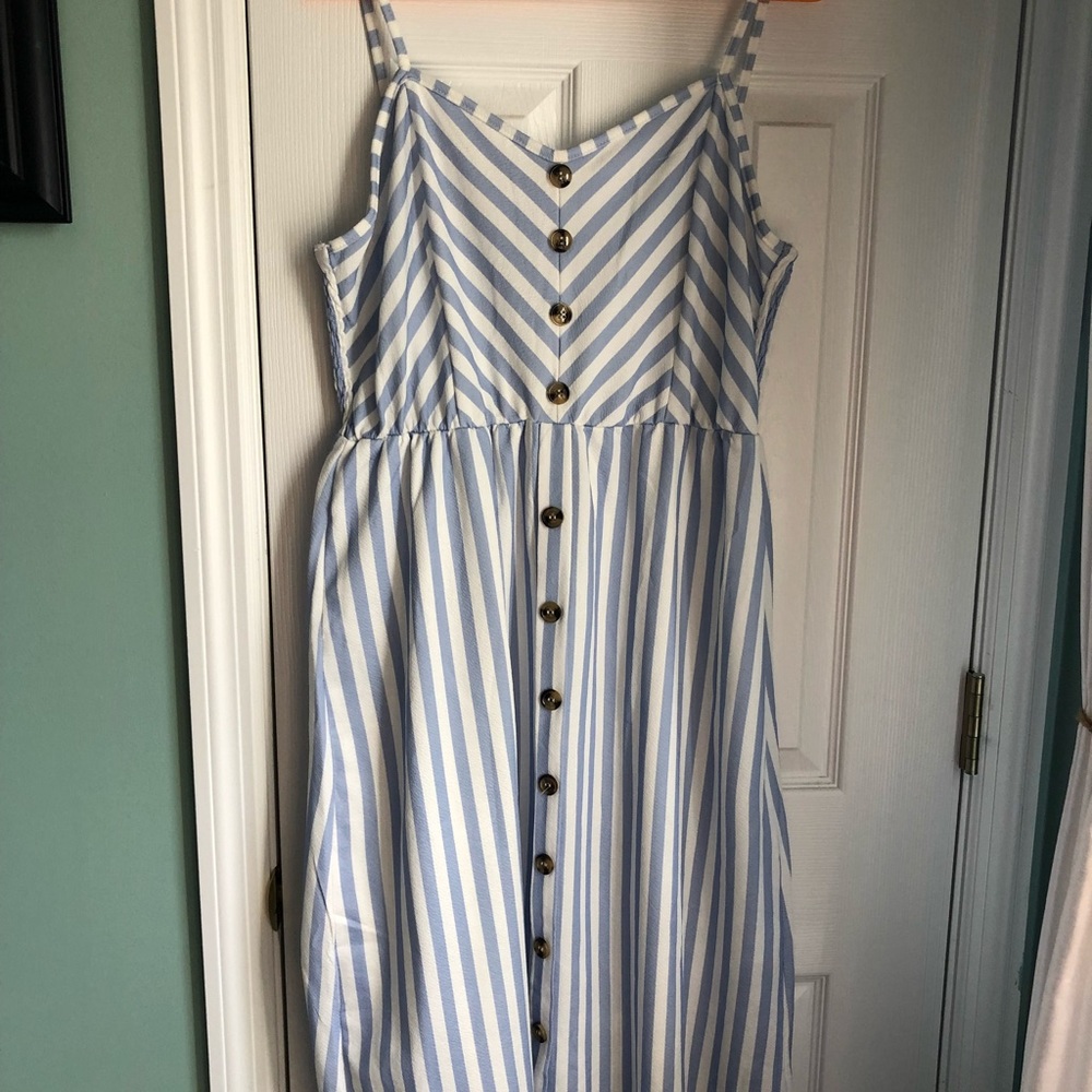 Blue and white striped midi dress